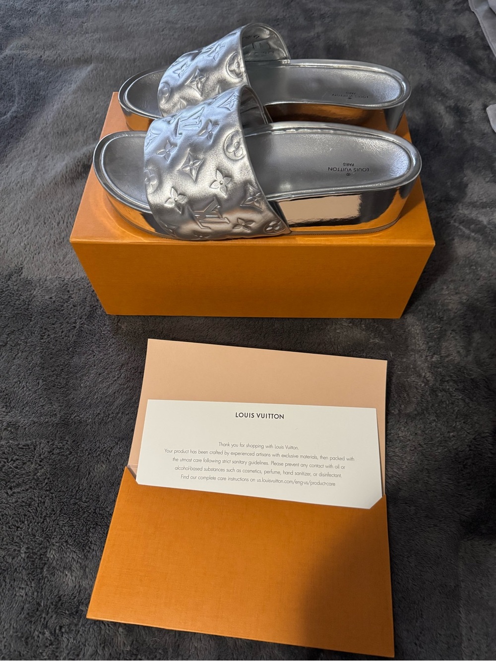 Louis Vuitton Silver Monogram Platform Slides